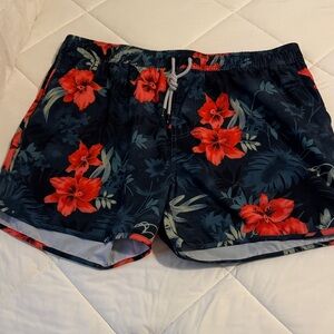 Floral Swim Shorts with Red Flowers